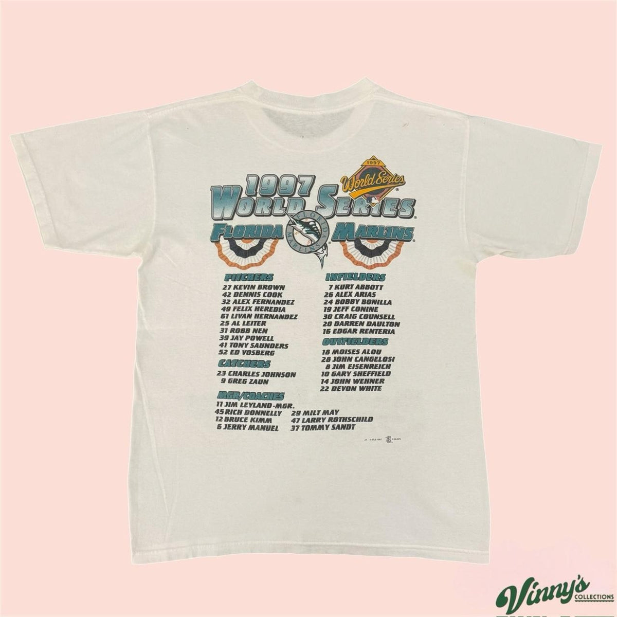 Vintage 90s TRY MLB Florida Marlins 1997 Team Roster Baseball Shirt Mens Medium