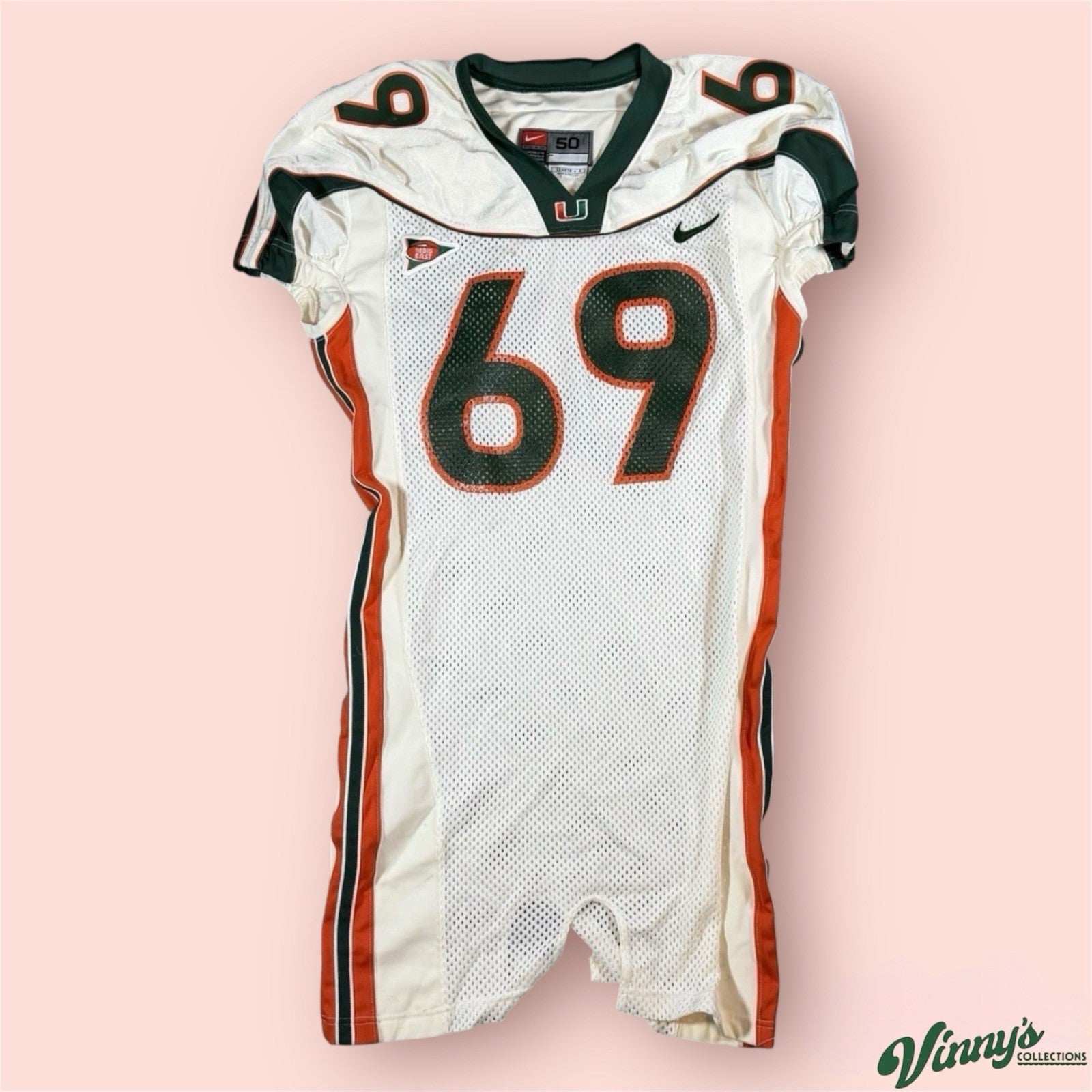 Nike NCAA Miami Hurricanes Wood #69 Game Issued Football Jersey Mens 50 Medium
