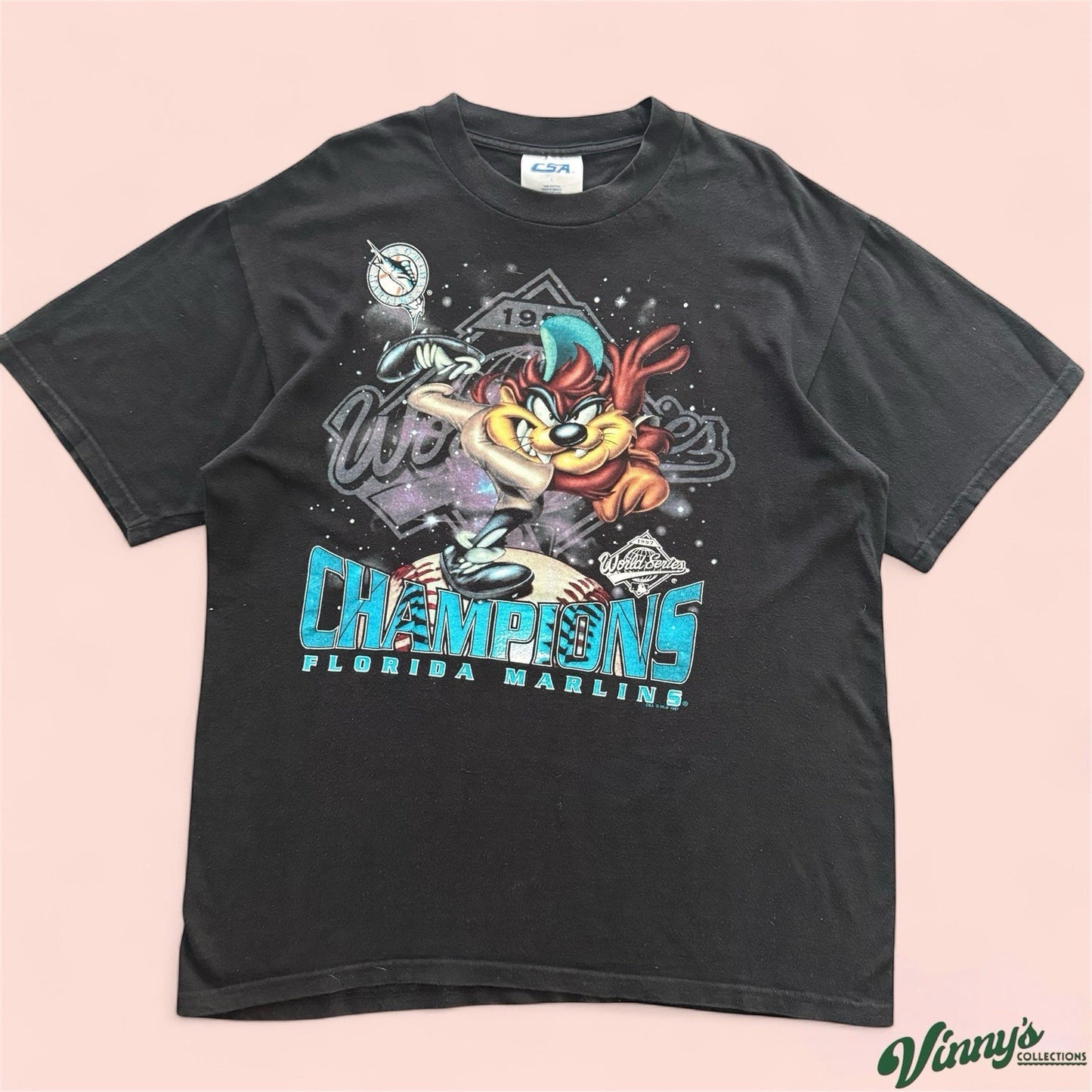 Vintage 90s CSA MLB Florida Marlins Looney Tunes Taz Baseball Shirt Mens Large