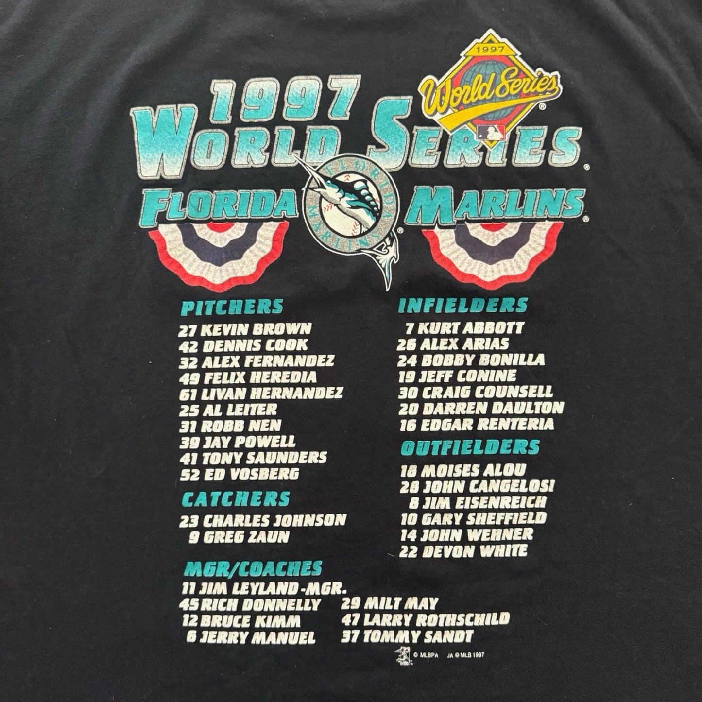 Vintage 1997 TRY MLB Florida Marlins World Series Roster Baseball Shirt Mens XL