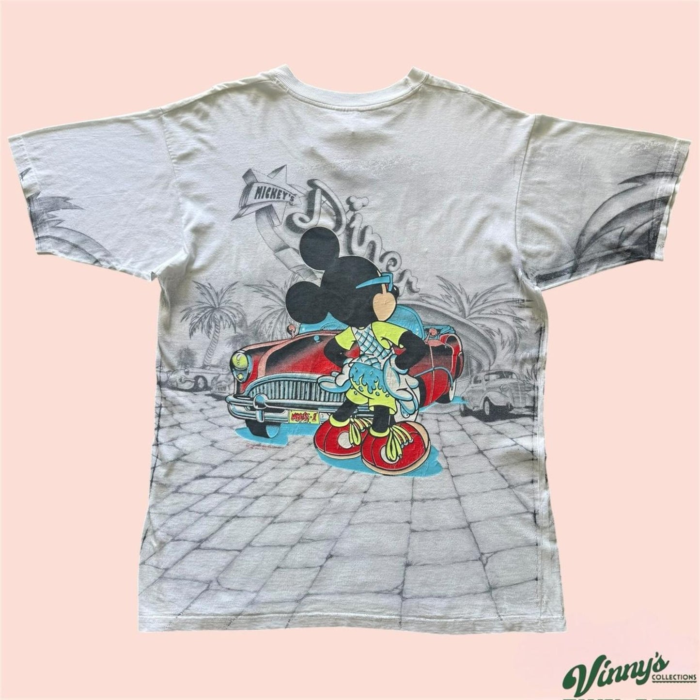 Vintage Disney Mickey Mouse AOP Mickeys Diner Cocoa Beach Shirt Mens Large