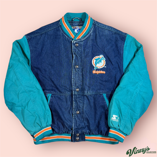 Vintage Starter NFL Miami Dolphins Football Denim Jacket Mens Large