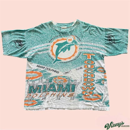 Vintage 90s NFL Miami Dolphins AOP Football Boxy Shirt Mens Medium