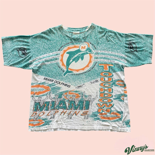 Vintage 90s NFL Miami Dolphins AOP Football Boxy Shirt Mens Medium