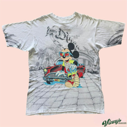 Vintage Disney Mickey Mouse AOP Mickeys Diner Cocoa Beach Shirt Mens Large