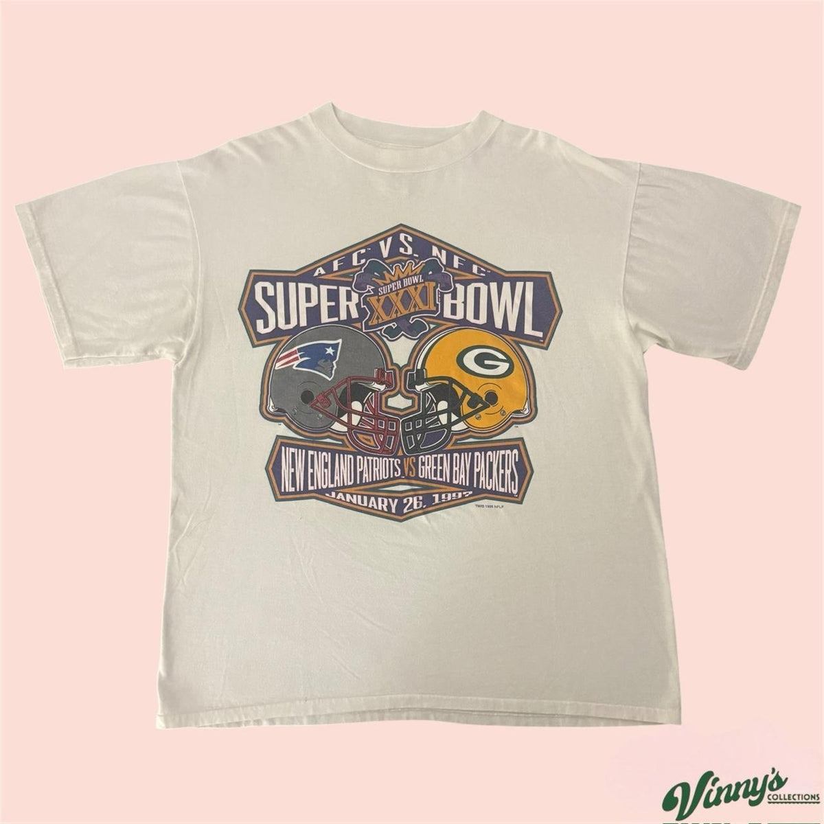 Logo 7 1997 Super Bowl New England Patriots Green Bay Packers Shirt Mens Large