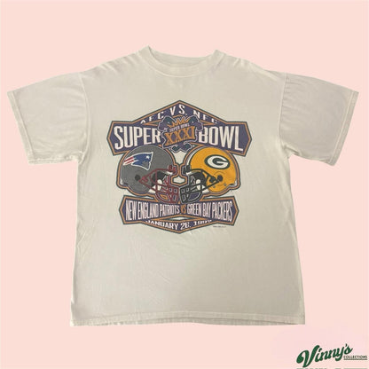 Logo 7 1997 Super Bowl New England Patriots Green Bay Packers Shirt Mens Large